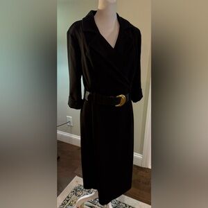 Donna Karan New York Black Stretch Belted Wrap Midi Tailored Blazer Dress 10